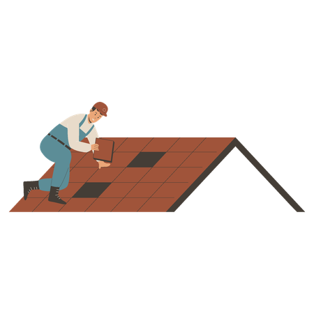 Worker installing roof panels  イラスト