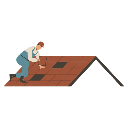 Worker installing roof panels  イラスト
