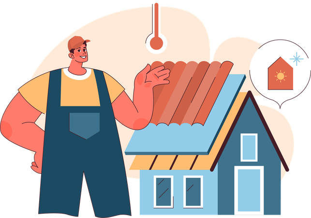 Worker installing rooftop to decrease heat  イラスト