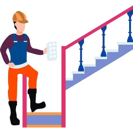 Worker is building a staircase in a house  Illustration