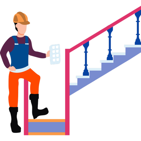 Worker is building a staircase in a house  Illustration