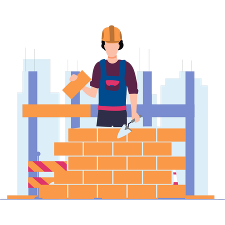 Worker is building a wall  イラスト