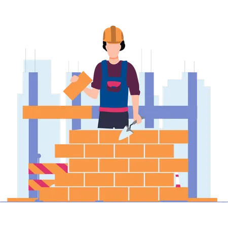 A Worker Is Building A Wall Illustration