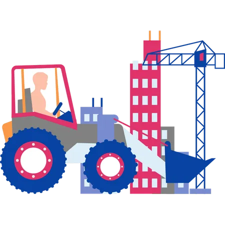 A Worker Is Driving A Tractor At A Construction Site Illustration