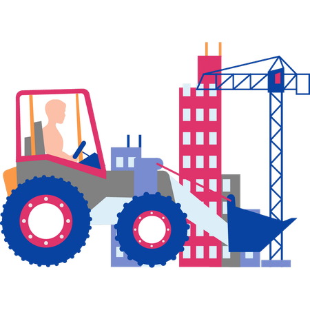 Worker is driving a tractor at a construction site  Illustration