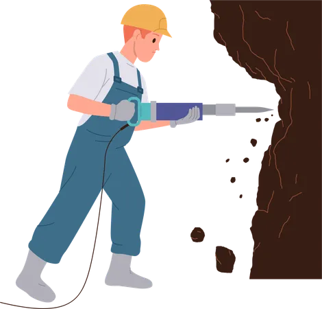 Coal Mineral Mining And Extraction Industry Professional Worker Isolated Male Cartoon Character Wearing Uniform And Helmet Digging Ore From Rock Working With Jackhammer In Quarry Vector Illustration Illustration