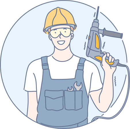 Worker is holding drill machine  Illustration