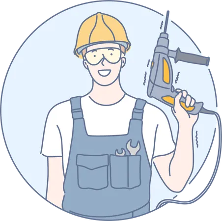 Worker is holding drill machine  Illustration