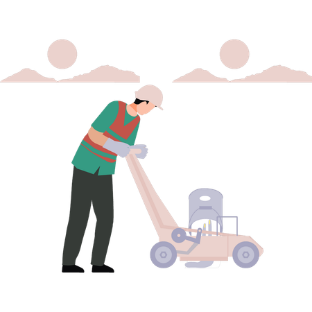 Worker is mowing the grass  イラスト