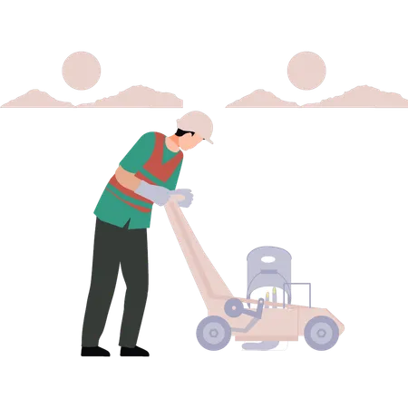 The Worker Is Mowing The Grass Illustration