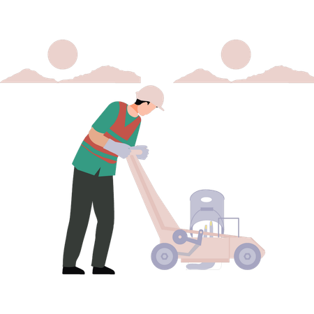 Worker is mowing the grass  Illustration