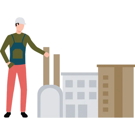 The Worker Is Pointing At The Industry Building Illustration