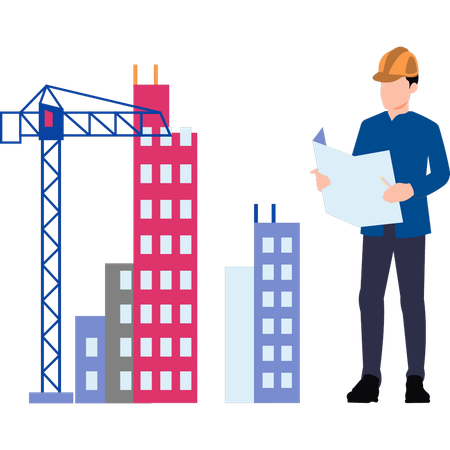 Worker is reading a building blueprint  Illustration