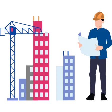 A Worker Is Reading A Building Blueprint Illustration