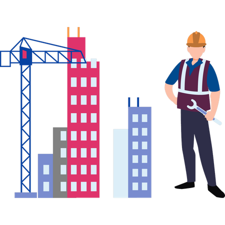 Worker is standing at construction site  Illustration