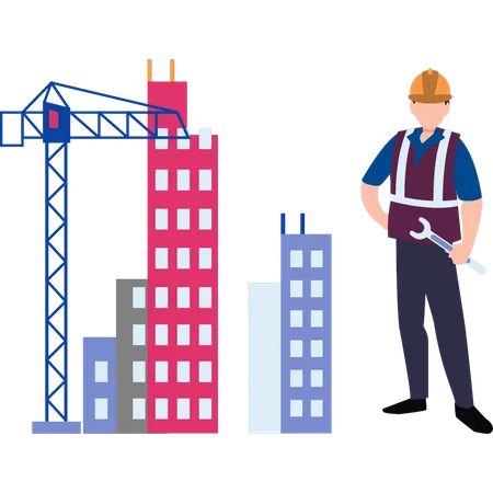Worker is standing at construction site  Illustration