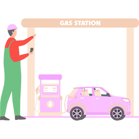 Worker is standing at the gas station  Illustration