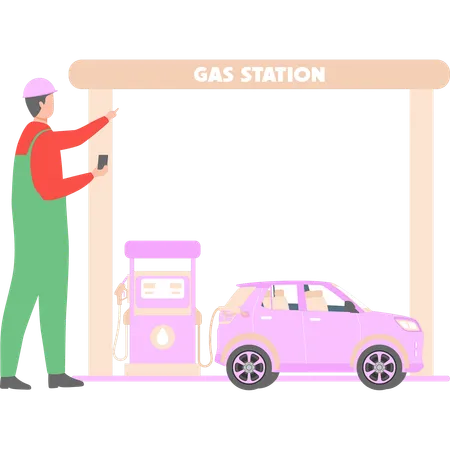 A Worker Is Standing A The Gas Station Illustration