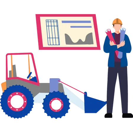 The Worker Is Standing Next To The Tractor Illustration