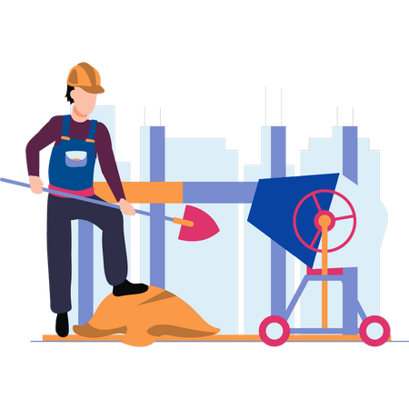 Worker is using the soil with a shovel in the machine  Illustration