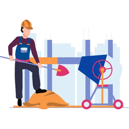 The Worker Is Using The Soil With A Shovel In The Machine Illustration