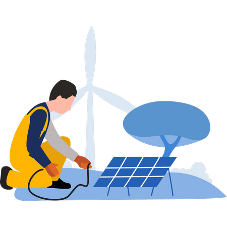 Worker is wiring solar panel  Illustration