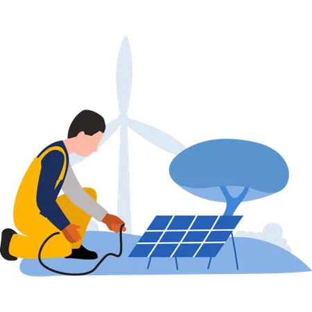 Worker is wiring solar panel  Illustration