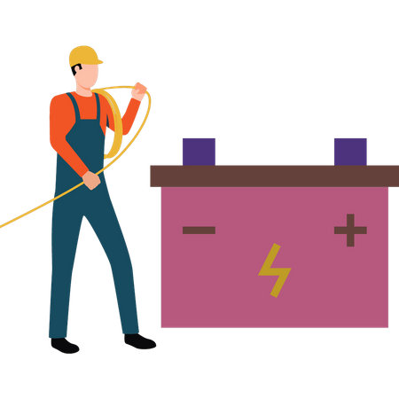 Worker is wiring the battery  Illustration