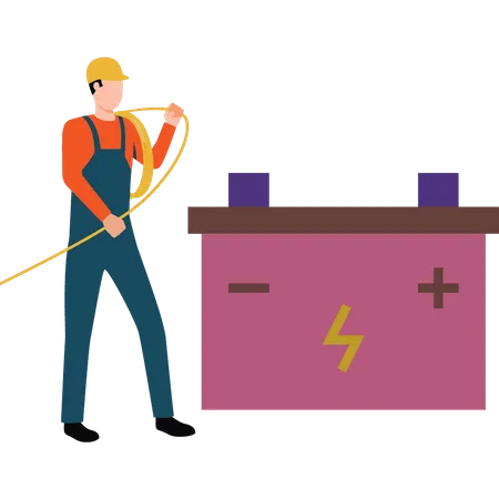 Worker is wiring the battery  Illustration