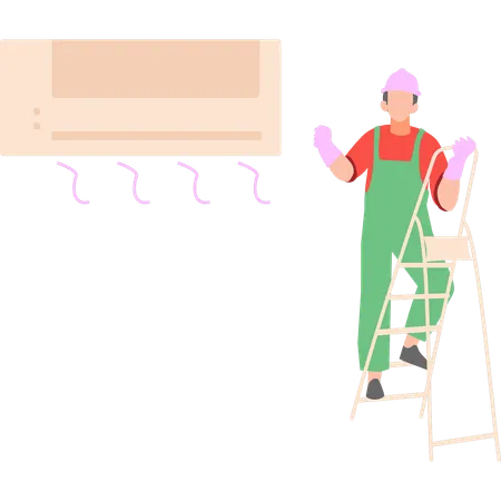 A Worker Is Working On The AC Illustration