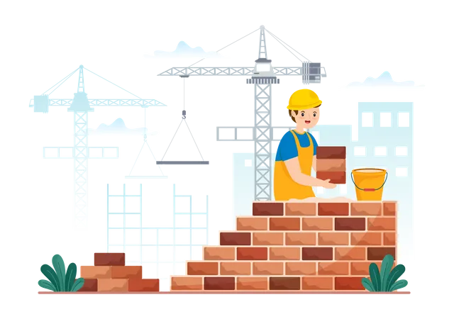 Bricklayer Worker Illustration With People Construction And Laying Bricks For Building A Wall In Flat Cartoon Hand Drawn Landing Page Templates 일러스트레이션
