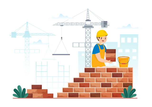 Worker laying bricks to make brick wall  Illustration