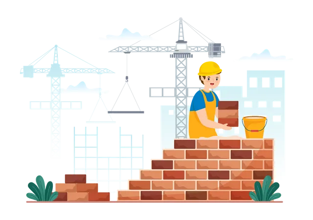 Worker laying bricks to make brick wall  Illustration