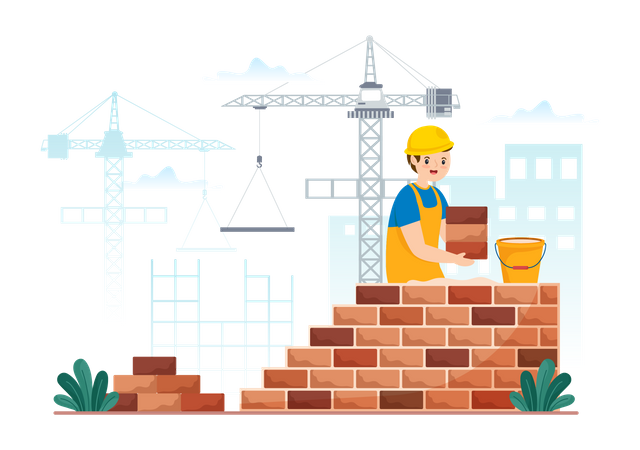 Worker laying bricks to make brick wall  Illustration