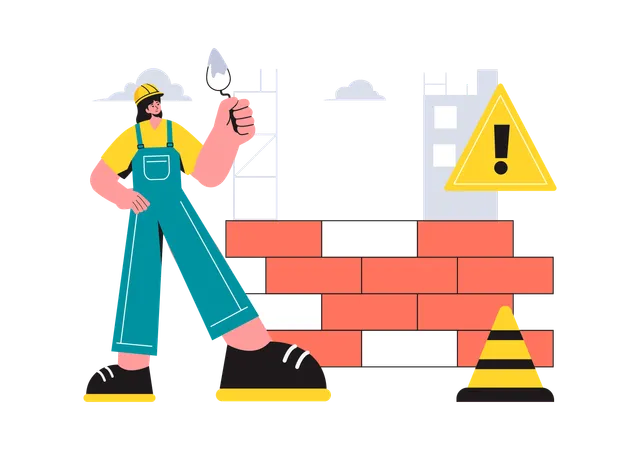 Worker lays bricks on wall  Illustration