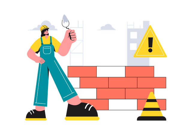 Worker lays bricks on wall  Illustration