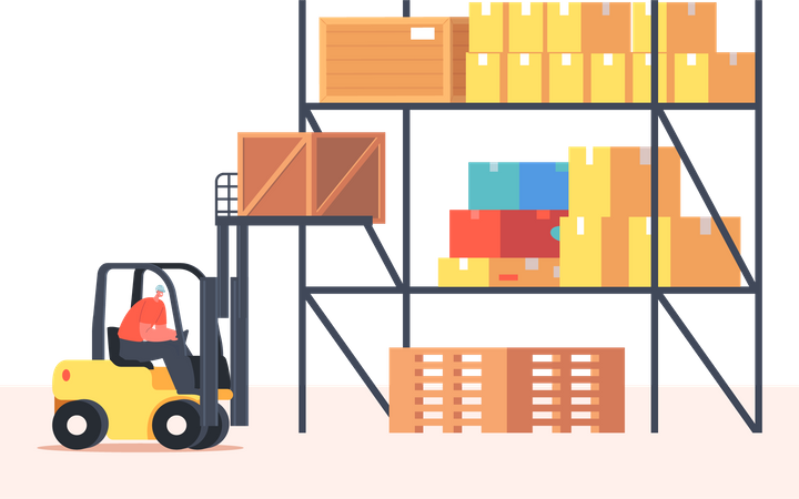 Worker Lifting Cargo on Forklift Machine in Warehouse Illustration