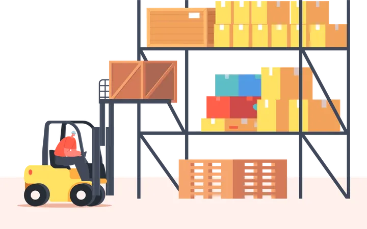 Worker Lifting Cargo on Forklift Machine in Warehouse Illustration