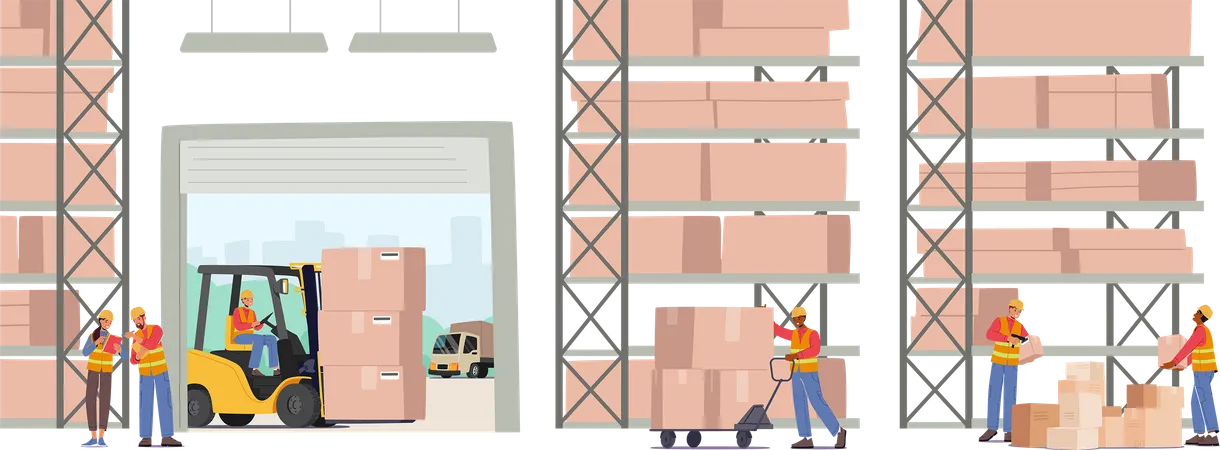 Worker Loading and Stacking Boxes with Forklift Illustration