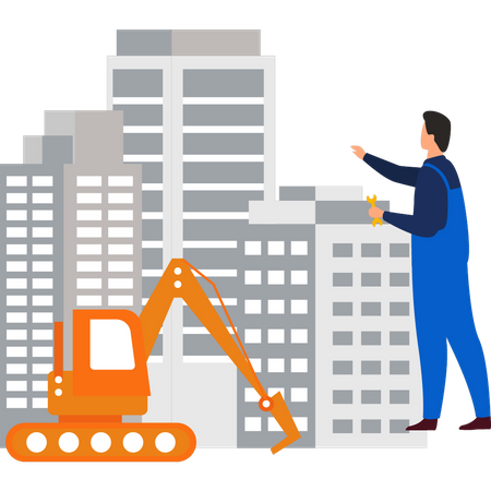 Worker looking at construction building  Illustration