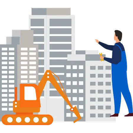 Worker looking at construction building  Illustration
