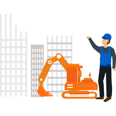 Worker looking at construction machine  Illustration