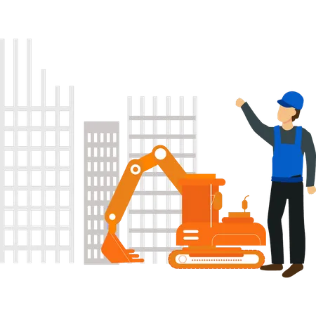 Worker looking at construction machine  Illustration