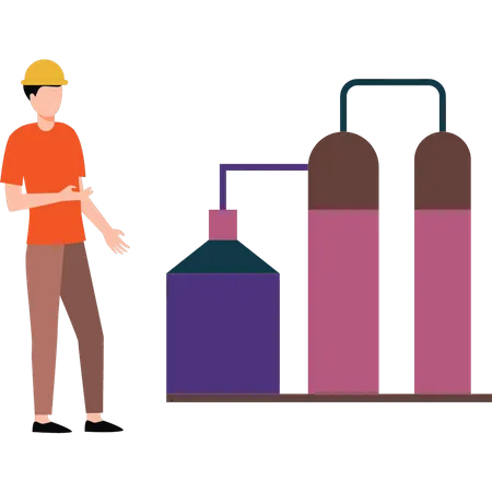 Worker looks at the factory's energy plants  Illustration