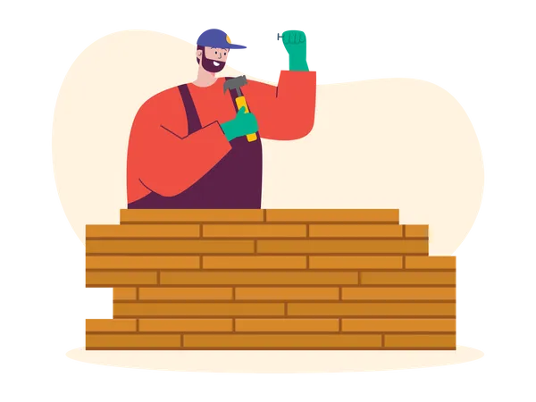 Worker making wooden wall Illustration
