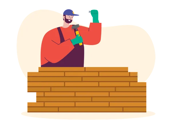 Worker making wooden wall  Illustration