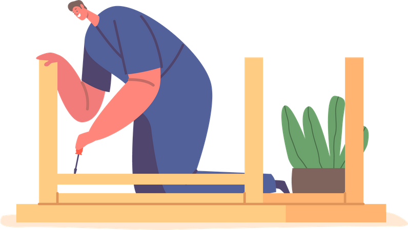 Worker Male Assembling Wooden Table Using Screwdriver Tool  Illustration
