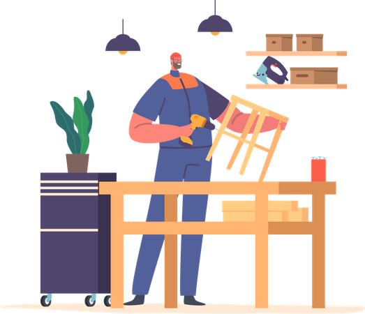 Worker Male Character Assembles Wooden Chair Using Tools Such As Drills, Hammers, And Screws. Pieces Are Joined Together  Illustration