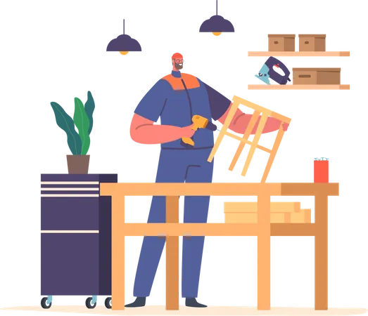 Worker Male Character Assembles Wooden Chair Using Tools Such As Drills Hammers And Screws Pieces Are Joined Together To Create Sturdy Functional Furniture Cartoon People Vector Illustration Illustration