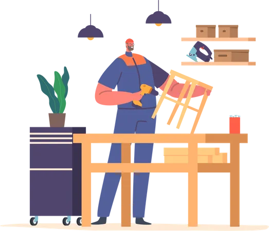 Worker Male Character Assembles Wooden Chair Using Tools Such As Drills, Hammers, And Screws. Pieces Are Joined Together  Illustration